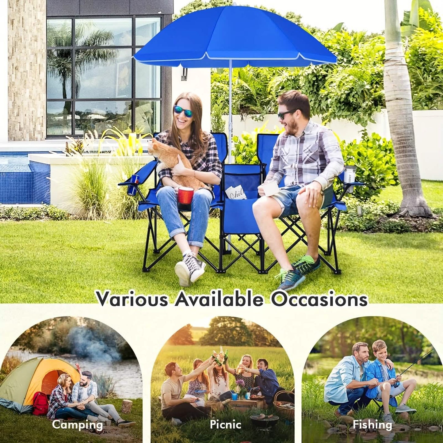 Folding Double Camping Chair with Umbrella | 2-Person Loveseat, Mini Table & Cup Holders - Hazli Collection