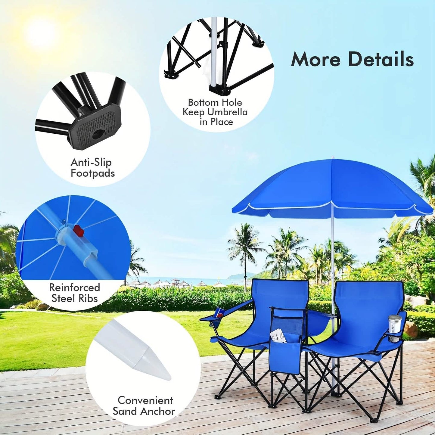 Folding Double Camping Chair with Umbrella | 2-Person Loveseat, Mini Table & Cup Holders - Hazli Collection