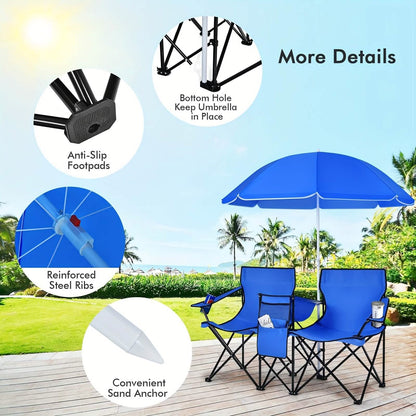 Folding Double Camping Chair with Umbrella | 2-Person Loveseat, Mini Table & Cup Holders - Hazli Collection