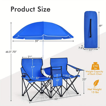 Folding Double Camping Chair with Umbrella | 2-Person Loveseat, Mini Table & Cup Holders - Hazli Collection
