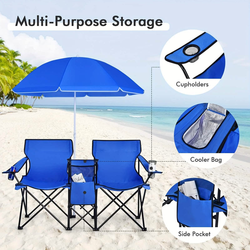 Folding Double Camping Chair with Umbrella | 2-Person Loveseat, Mini Table & Cup Holders - Hazli Collection