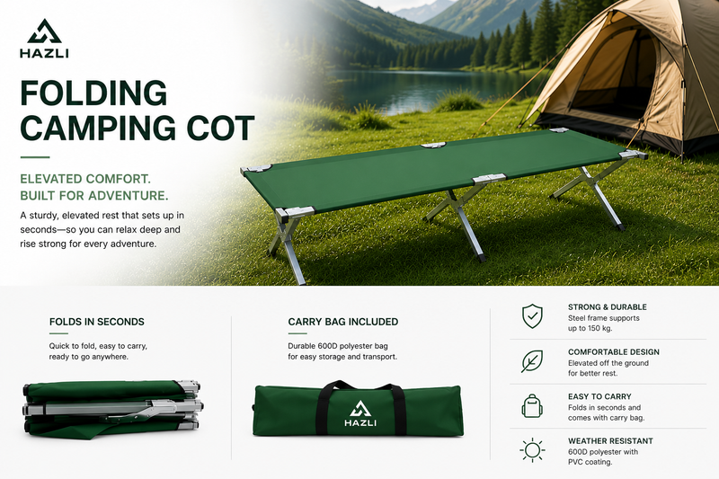 HAZLI Heavy-Duty Folding Camping Cot – Portable Military Style Sleeping Bed for Camping, Travel & Outdoor Adventures - Hazli Collection