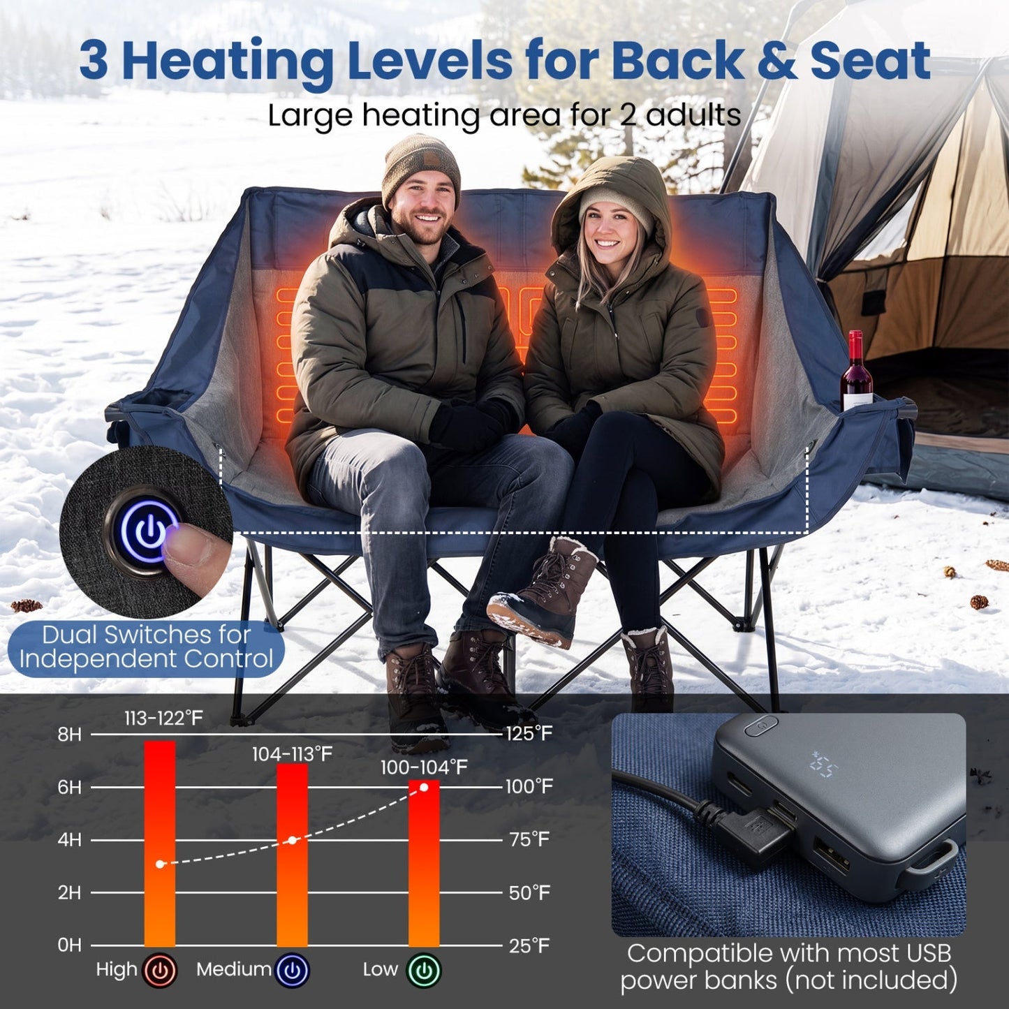 Heated Double Camping Chair with 4 Heating Zones