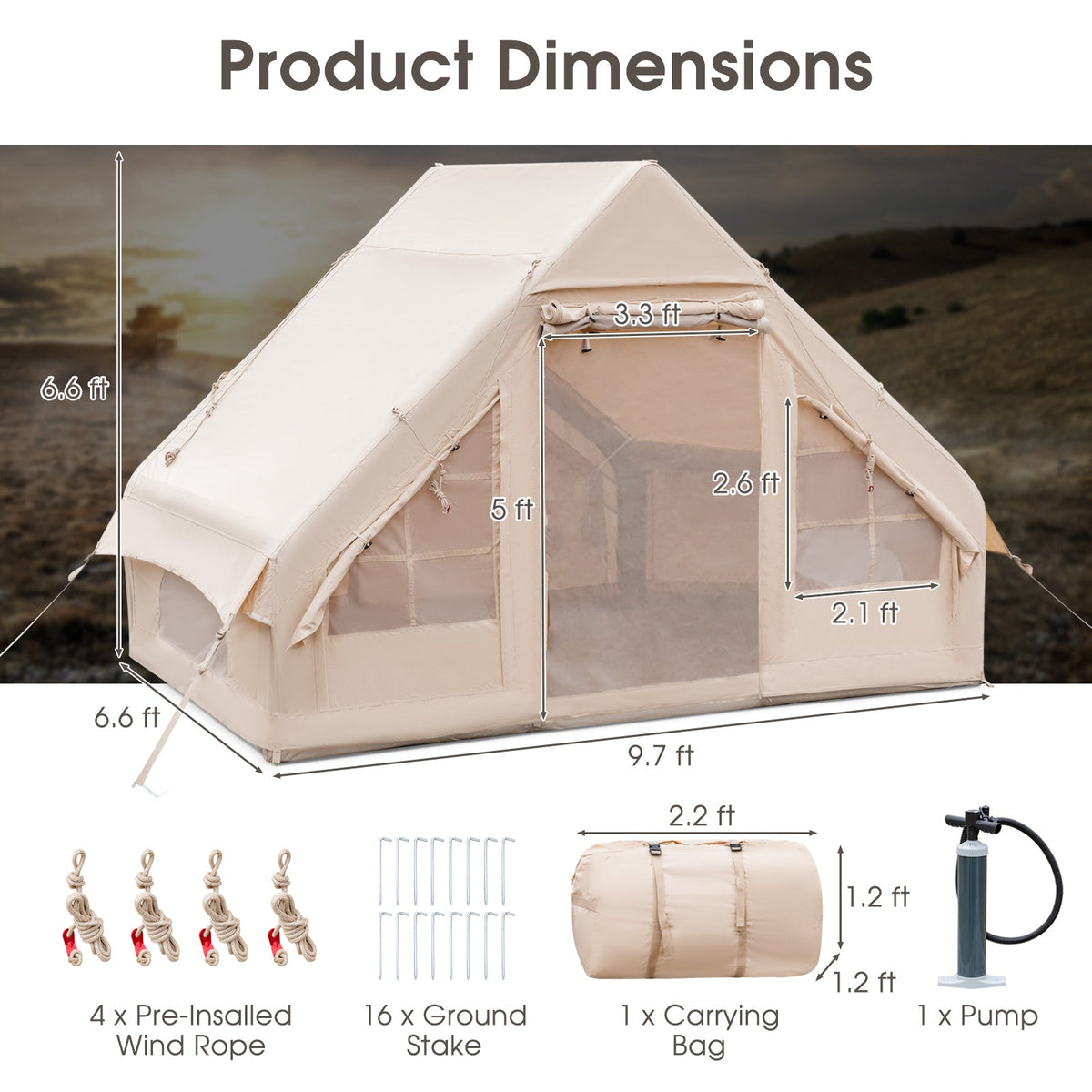 Inflatable Glamping Tent for 2-6 People with Pump, UPF50+ Canopy, Beige