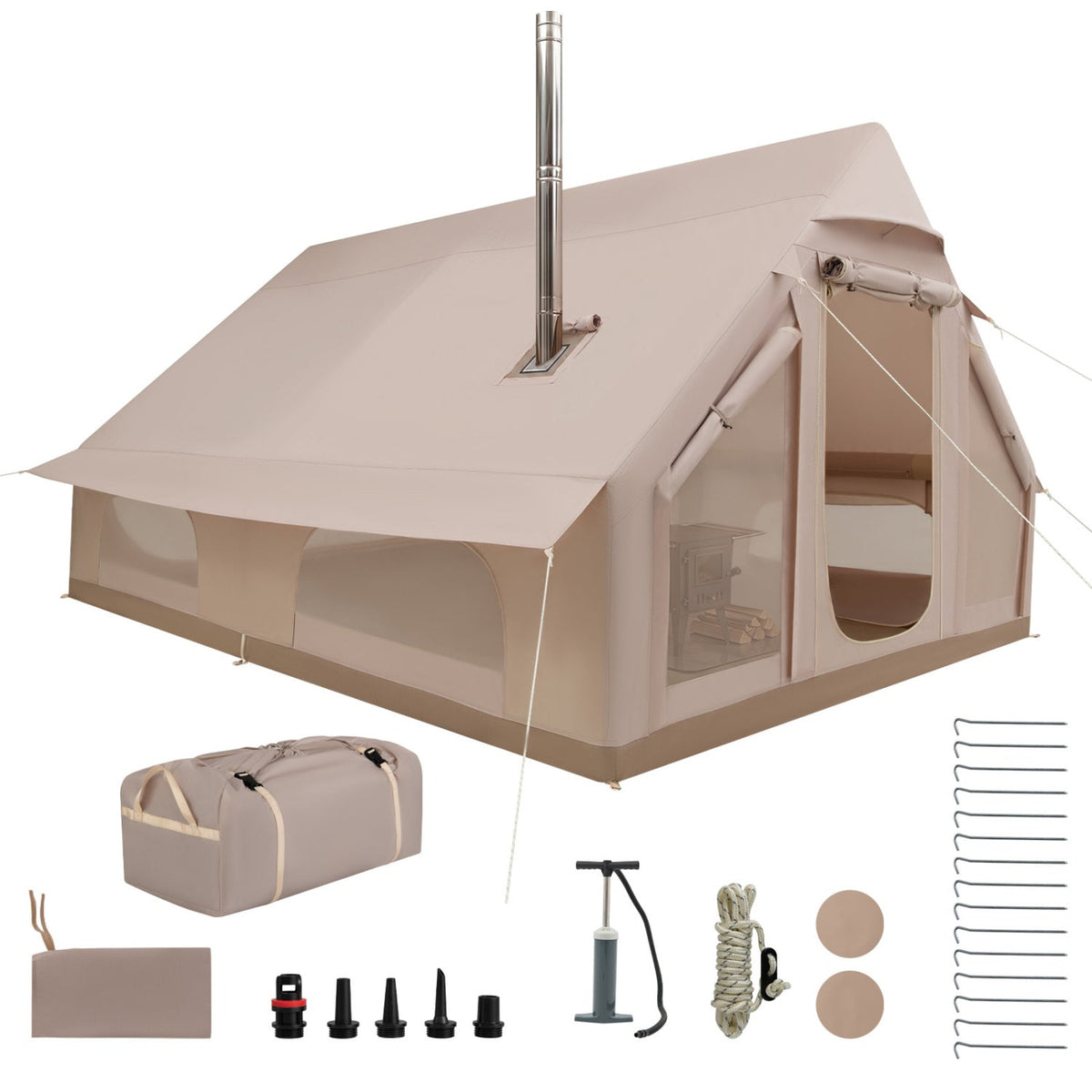 Inflatable Camping Tent 6-10 Person with Stove Jack, 129 sq ft, Beige