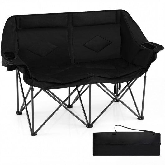 Double Camping Chair with Cup Holders Glass Racks and Mesh Pockets-Black - Hazli Collection 
