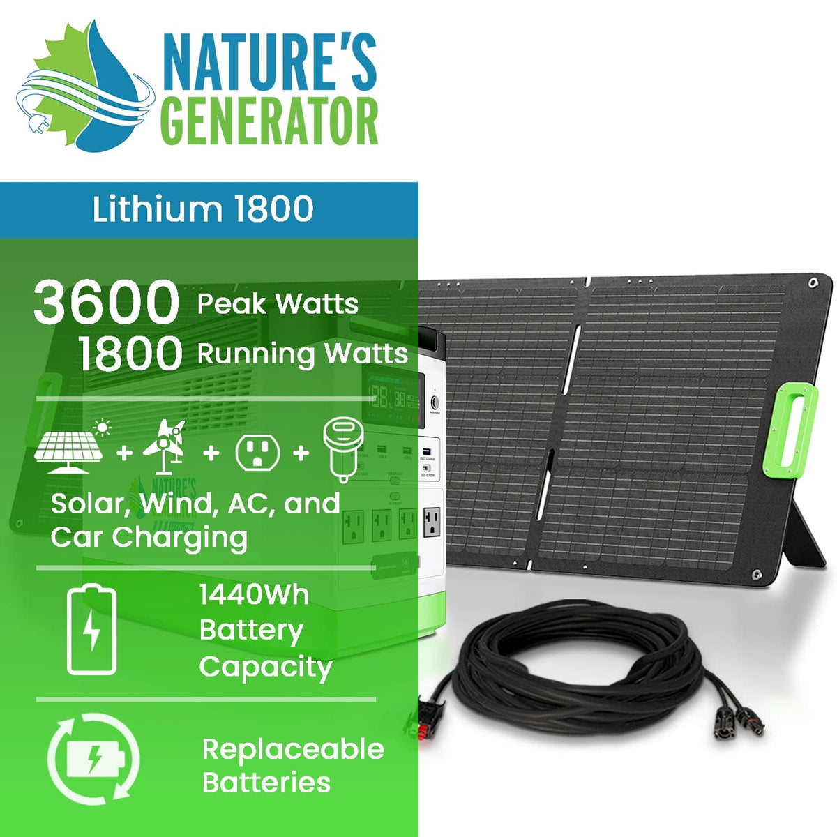 Nature's Generator Lithium 1800 | 1800W LiFePO4 Solar Generator | Expandable to 3600W - Hazli Collection