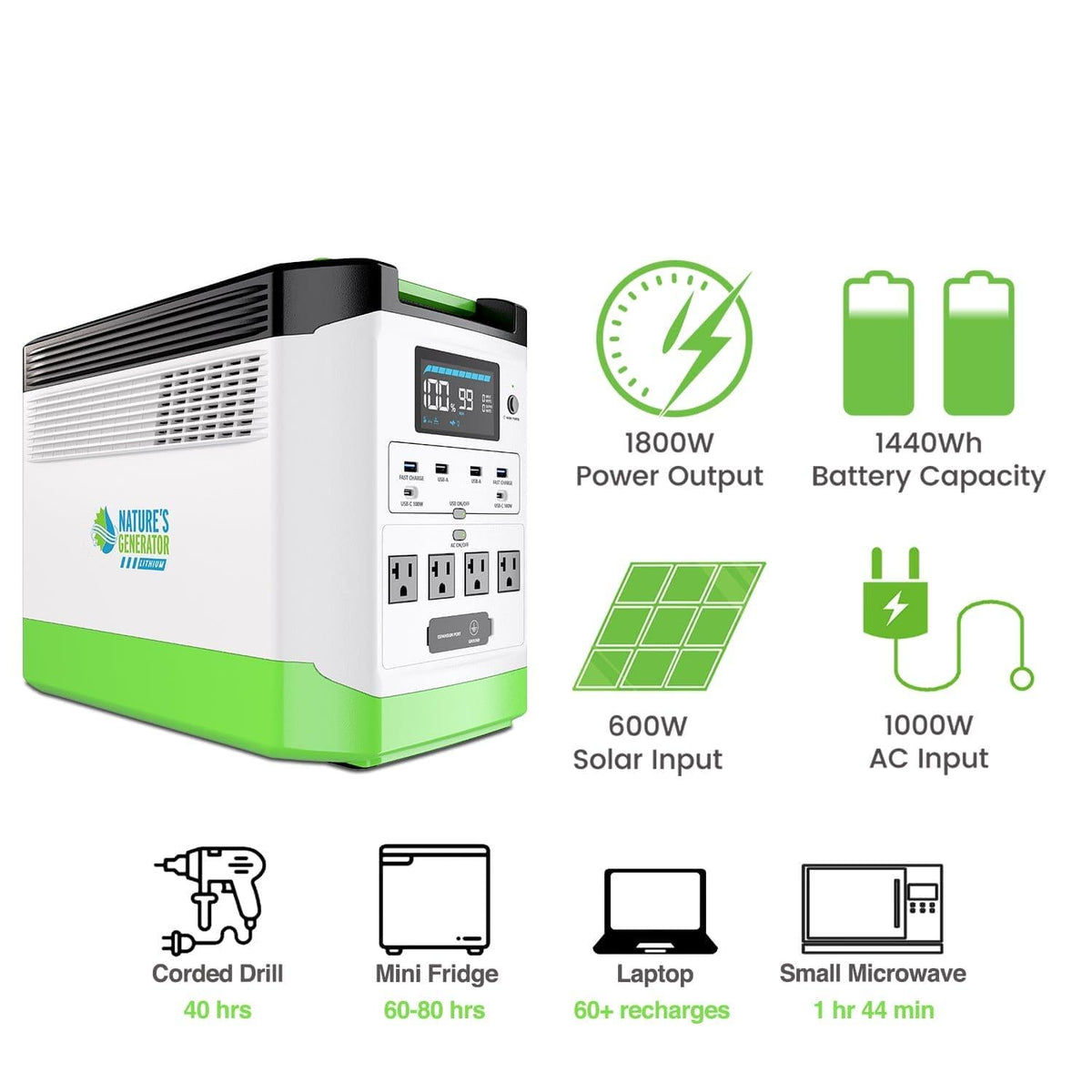 Nature's Generator Lithium 1800 | 1800W LiFePO4 Solar Generator | Expandable to 3600W - Hazli Collection