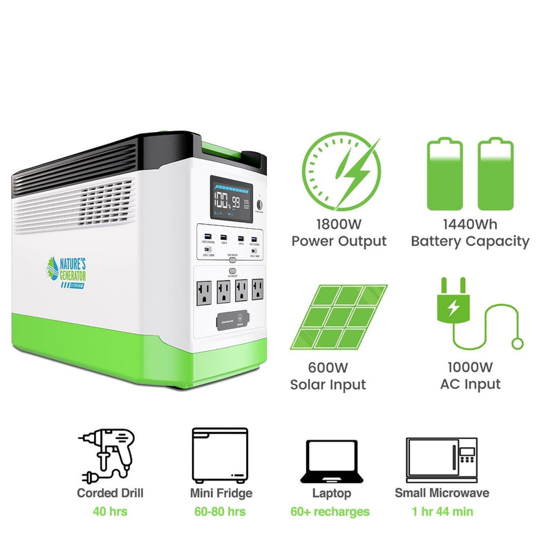 Nature's Generator Lithium 1800 | 1800W LiFePO4 Solar Generator | Expandable to 3600W - Hazli Collection