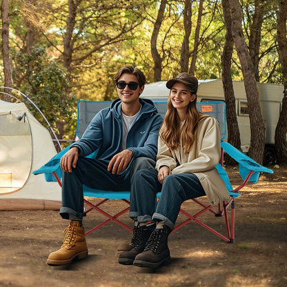 Oversized Camping Loveseat Chair | 2-Person Folding Couch, Thick Padding & Cup Holders - Hazli Collection