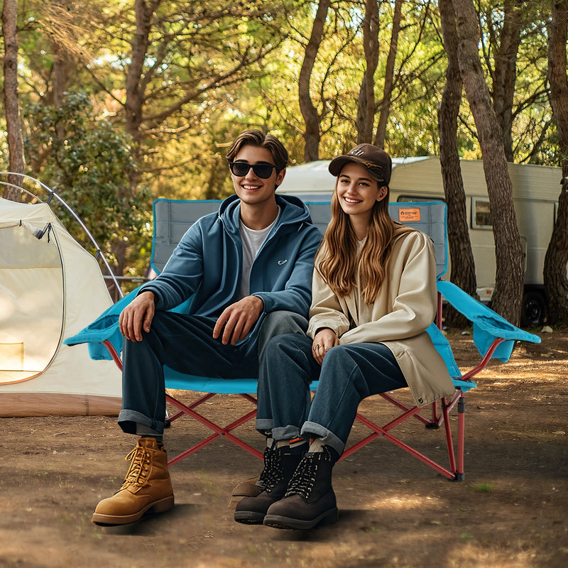 Oversized Camping Loveseat Chair | 2-Person Folding Couch, Thick Padding & Cup Holders - Hazli Collection