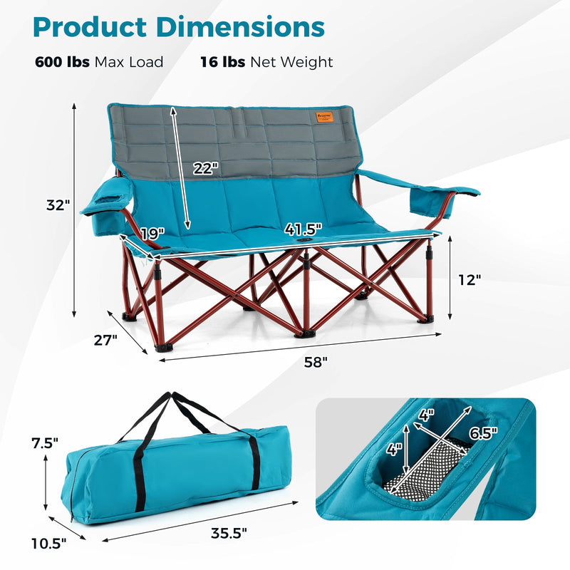 Oversized Camping Loveseat Chair | 2-Person Folding Couch, Thick Padding & Cup Holders - Hazli Collection