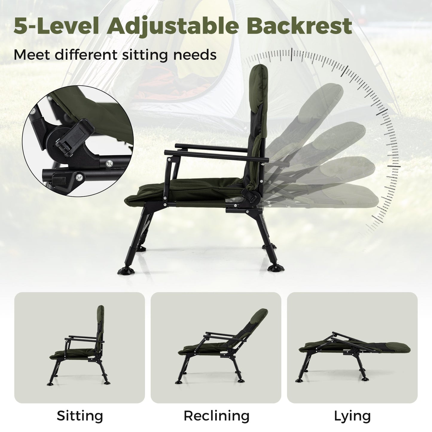 Oversized Foldable Fishing Chair for Adults with Armrest-Green