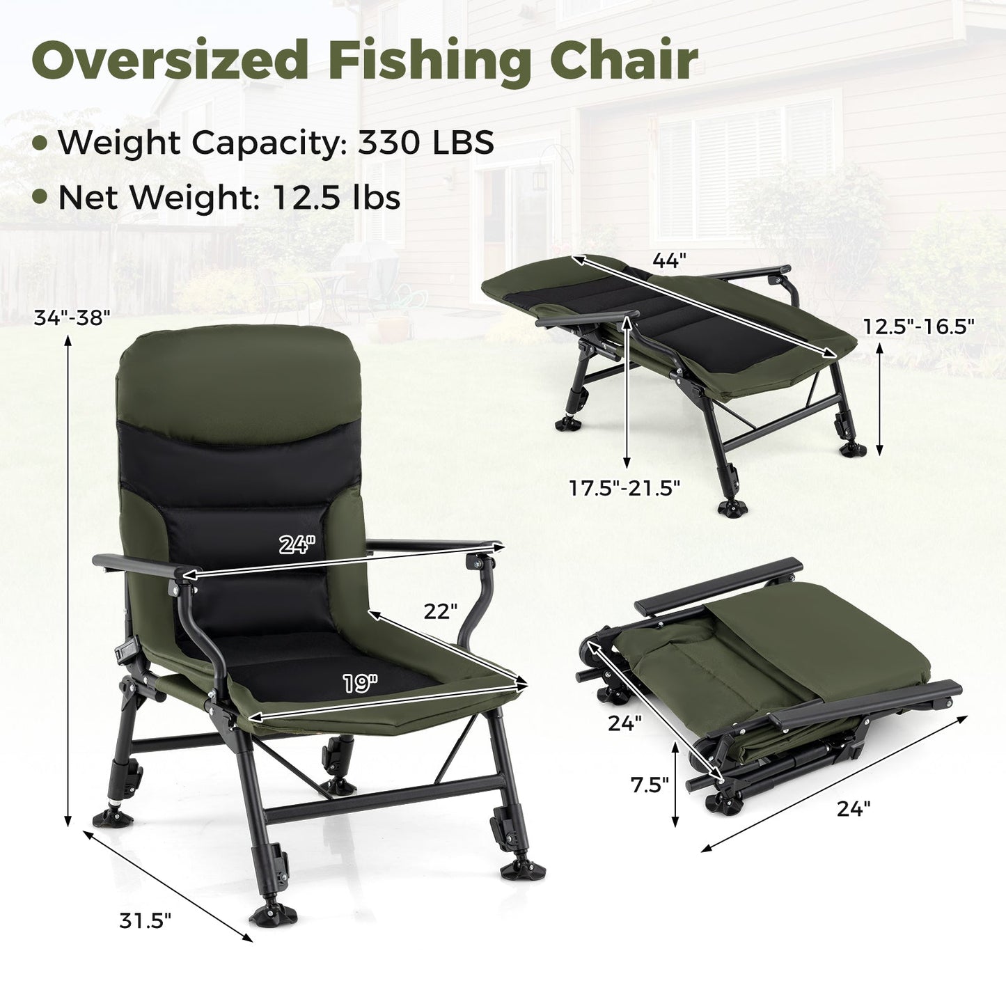 Oversized Foldable Fishing Chair for Adults with Armrest-Green