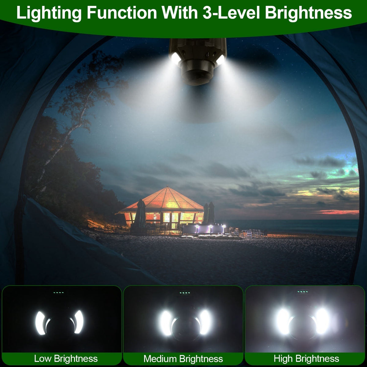 Portable Camping Ceiling Fan with LED Lantern, 10400mAh Power Bank, Timer & Remote