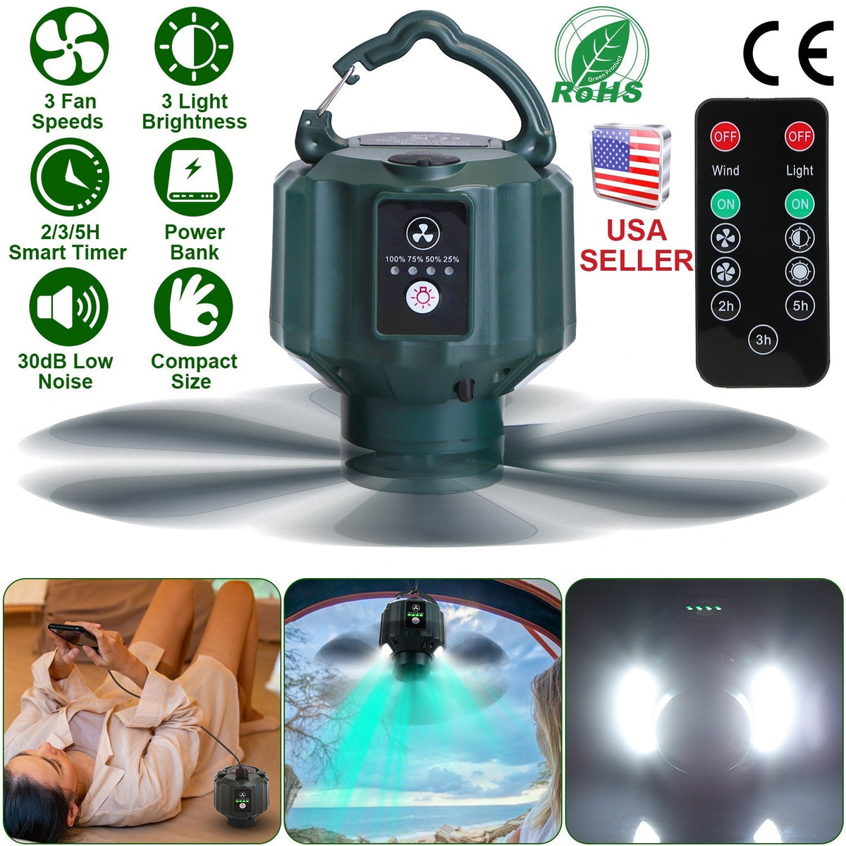 Portable Camping Ceiling Fan with LED Lantern, 10400mAh Power Bank, Timer & Remote