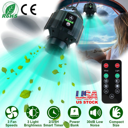 Portable Camping Ceiling Fan with LED Lantern, 10400mAh Power Bank, Timer & Remote