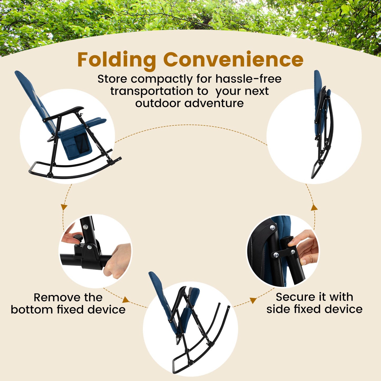 Foldable Rocking Padded Portable Camping Chair with Backrest and Armrest