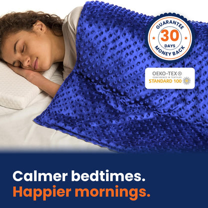 Blue Hazli kids weighted blanket with zip-off minky cover: calmer bedtimes, happier mornings. 30-day money-back guarantee, OEKO-TEX Standard 100.
