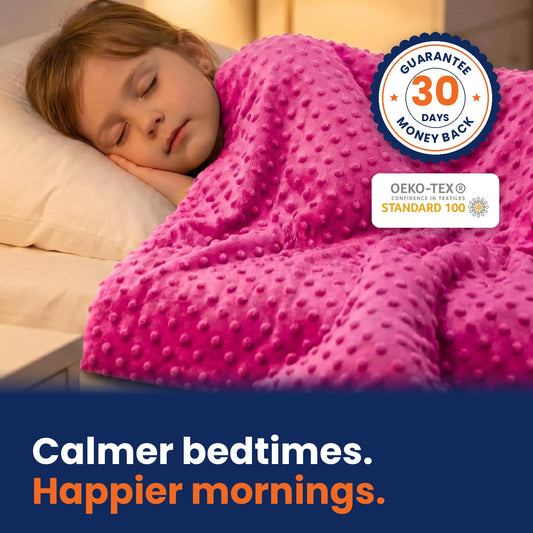 Pink Hazli kids weighted blanket with zip-off minky cover: calmer bedtimes, happier mornings. 30-day money-back guarantee, OEKO-TEX Standard 100.