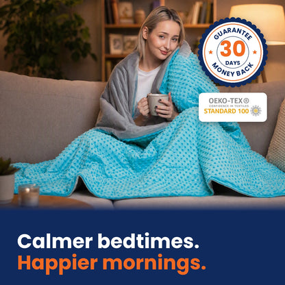 Turquoise Hazli weighted blanket for kids and teens with zip-off minky cover: calmer bedtimes, happier mornings. 30-day money-back guarantee, OEKO-TEX Standard 100.