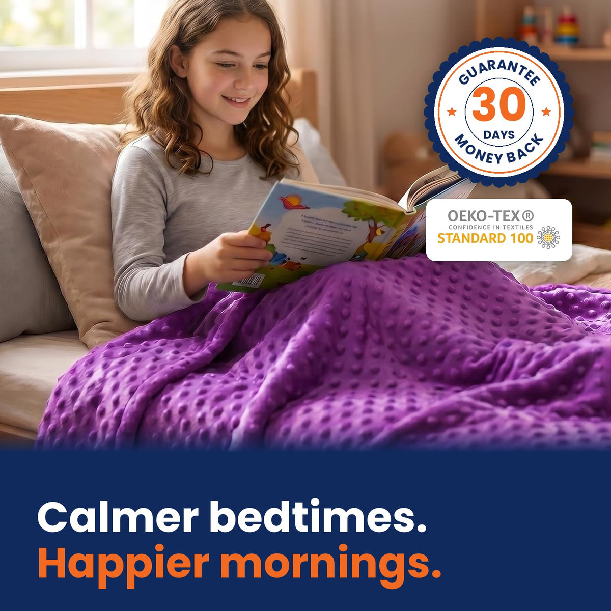 Violet Hazli kids weighted blanket with zip-off minky cover: calmer bedtimes, happier mornings. 30-day money-back guarantee, OEKO-TEX Standard 100.