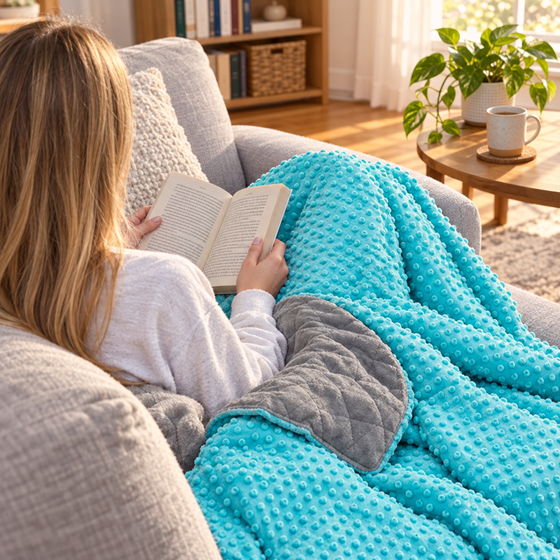 Teen reading on the sofa under the turquoise Hazli 10 lb weighted blanket
