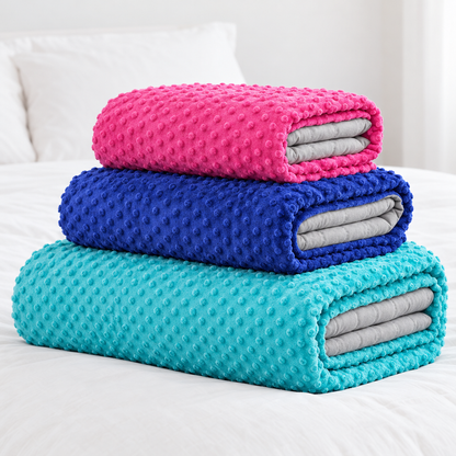 Hazli weighted blankets in three sizes stacked: turquoise 10 lb, blue 7 lb, pink 5 lb