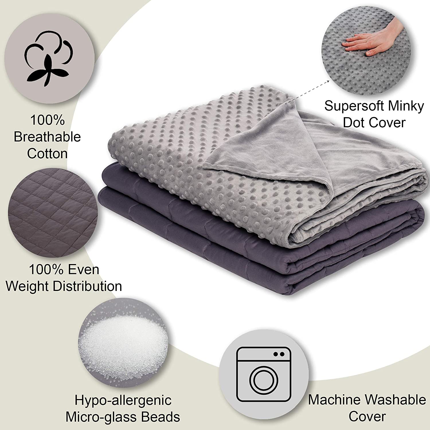 Super Soft 15 lbs Weighted Blanket with Removable Cover - 48 x 72 inch Comfort Weighted Blankets - Adult Heavy Blanket Twin Size Grey - Hazli Collection 