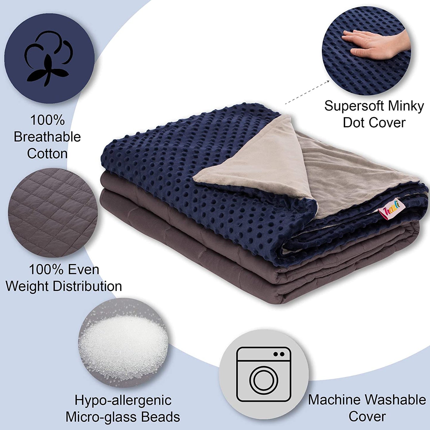 Super Soft 15 lbs Weighted Blanket with Removable Cover - 48 x 72 inch Comfort Weighted Blankets - Adult Heavy Blanket Twin Size Navy Blue - Hazli Collection 